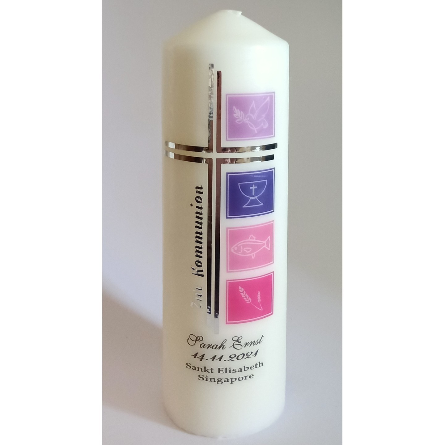 Personalized First Holy Communion Candle - Silver Cross Purple Pink Theme (SMGFHC2021-001)