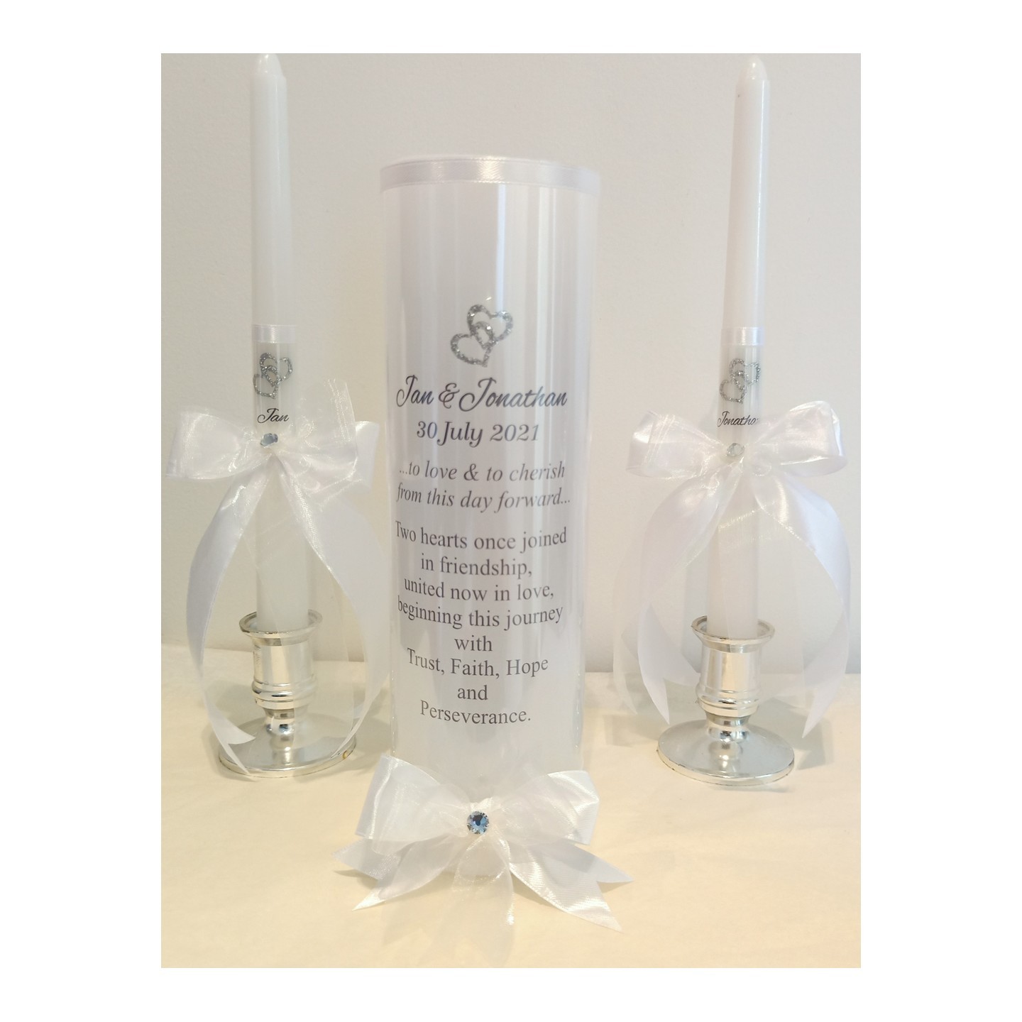PERSONALIZED UNITY CANDLES - INTERLOCKING HEARTS - Be completely humble and gentle.." (Free Shipping)