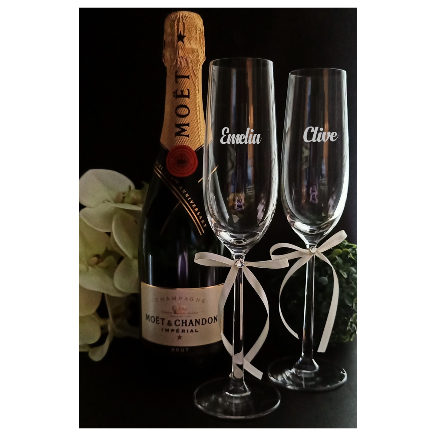 Moet & Chandon Champagne and Personalized 11-inch tall Crystal Flutes Set 2