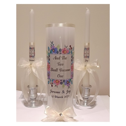 PERSONALIZED UNITY CANDLES FLORAL SQUARE FRAME - " And the two shall become one" (SMGWED2018-002) - (Free Shipping)