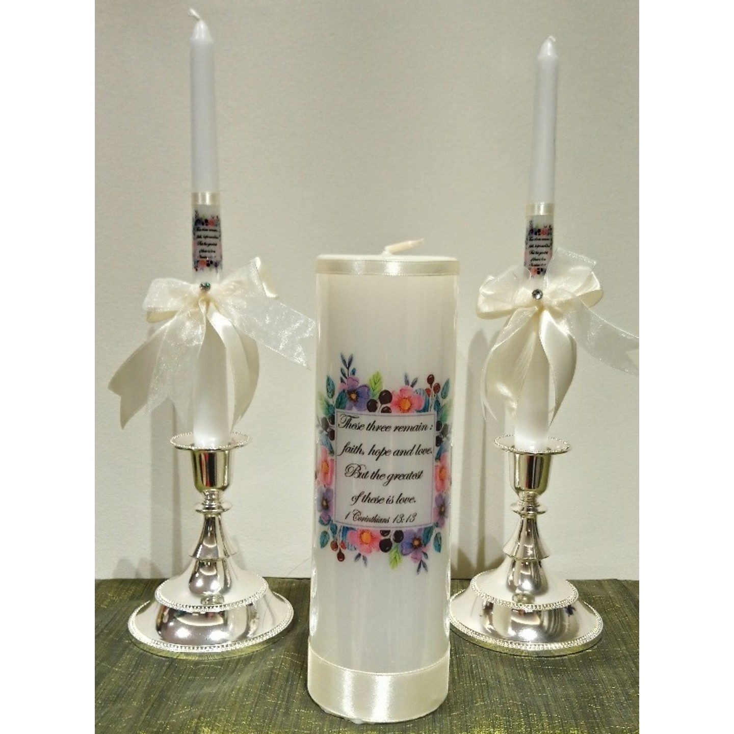 PERSONALIZED UNITY CANDLES SQUARE FLORAL FRAME -  These three remain  faith, hope and love.. SMGWED2018-003