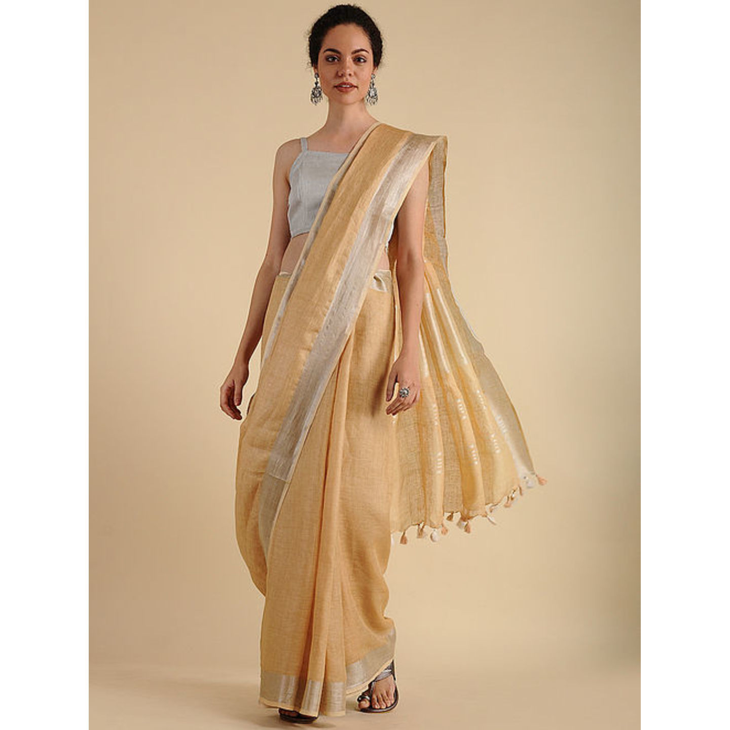 Linen Saree with Zari and Tassels