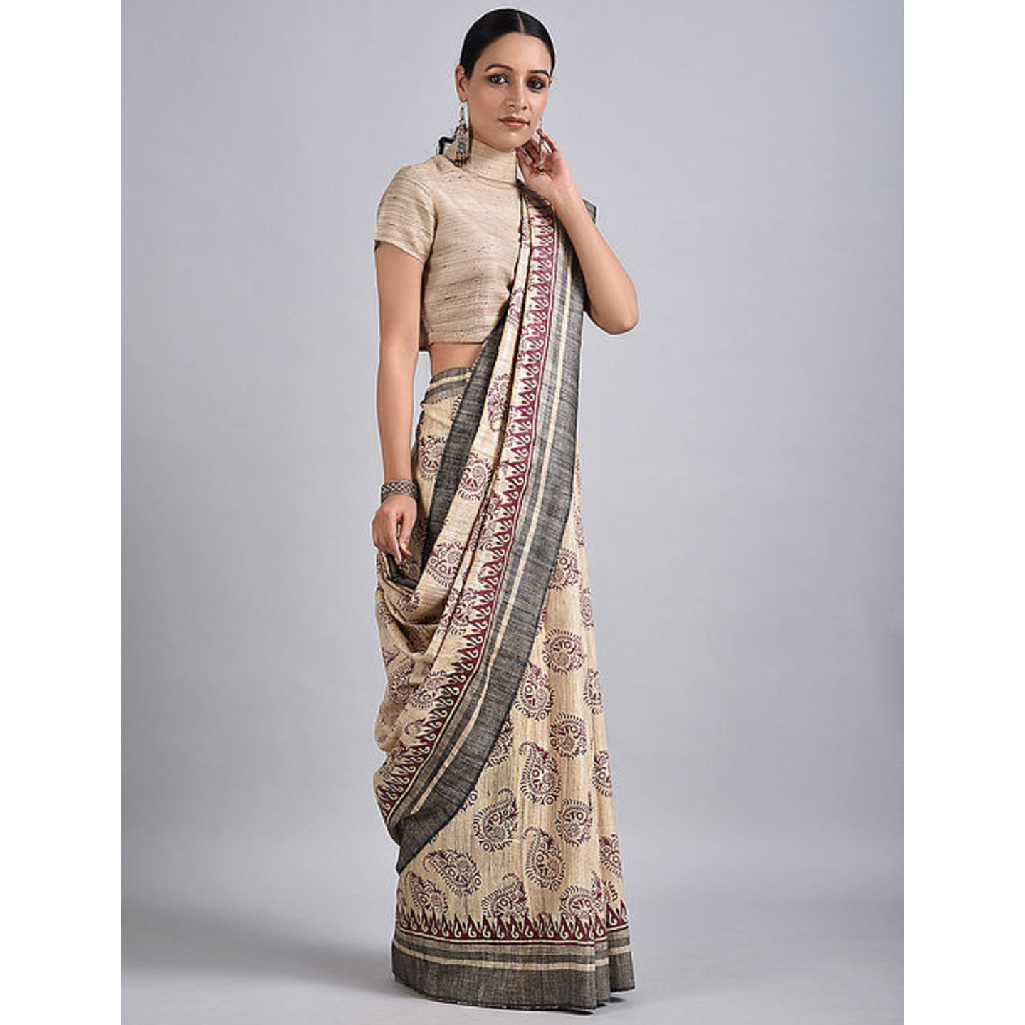 Printed Tussar Muga Silk Saree