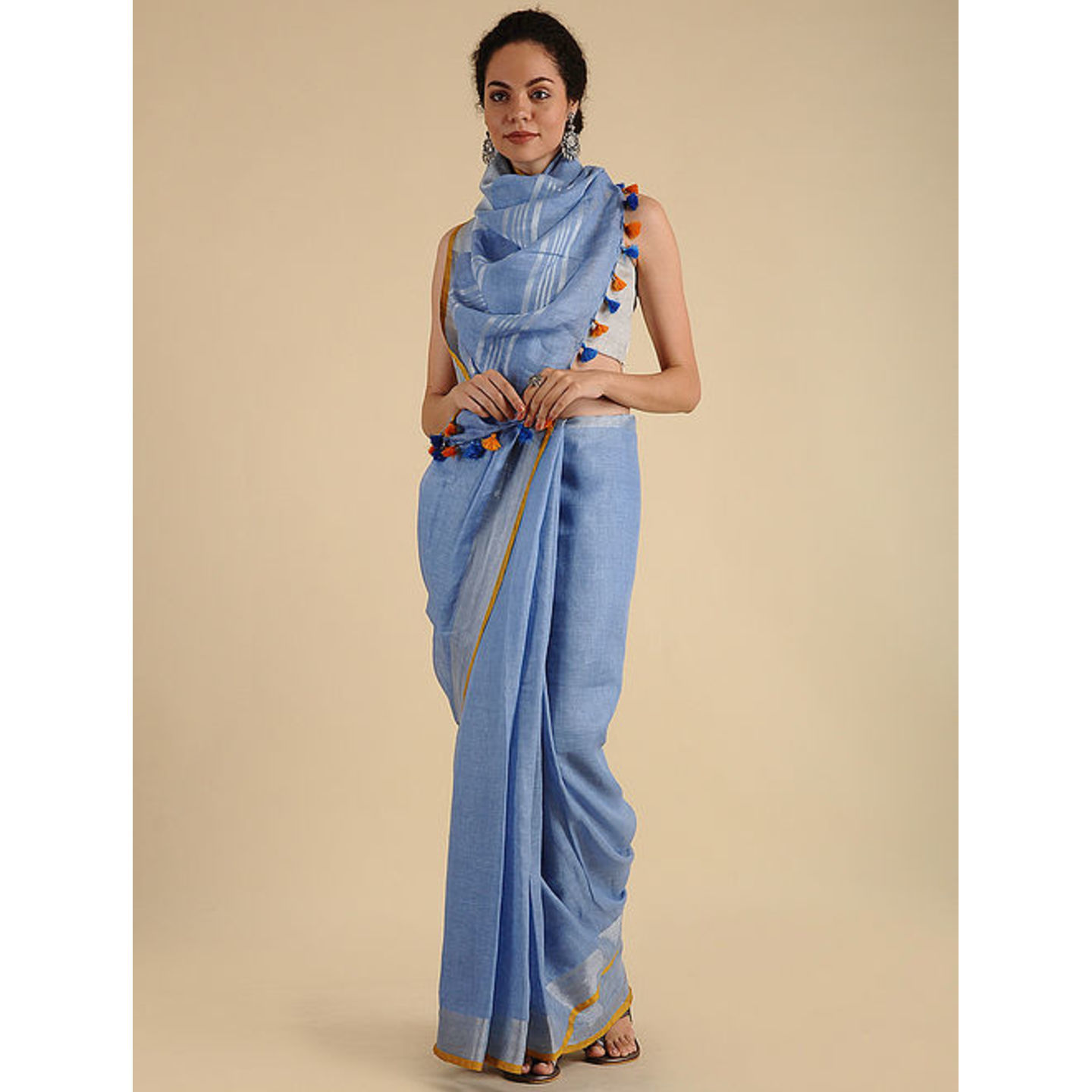 Linen Saree with Zari and Tassels