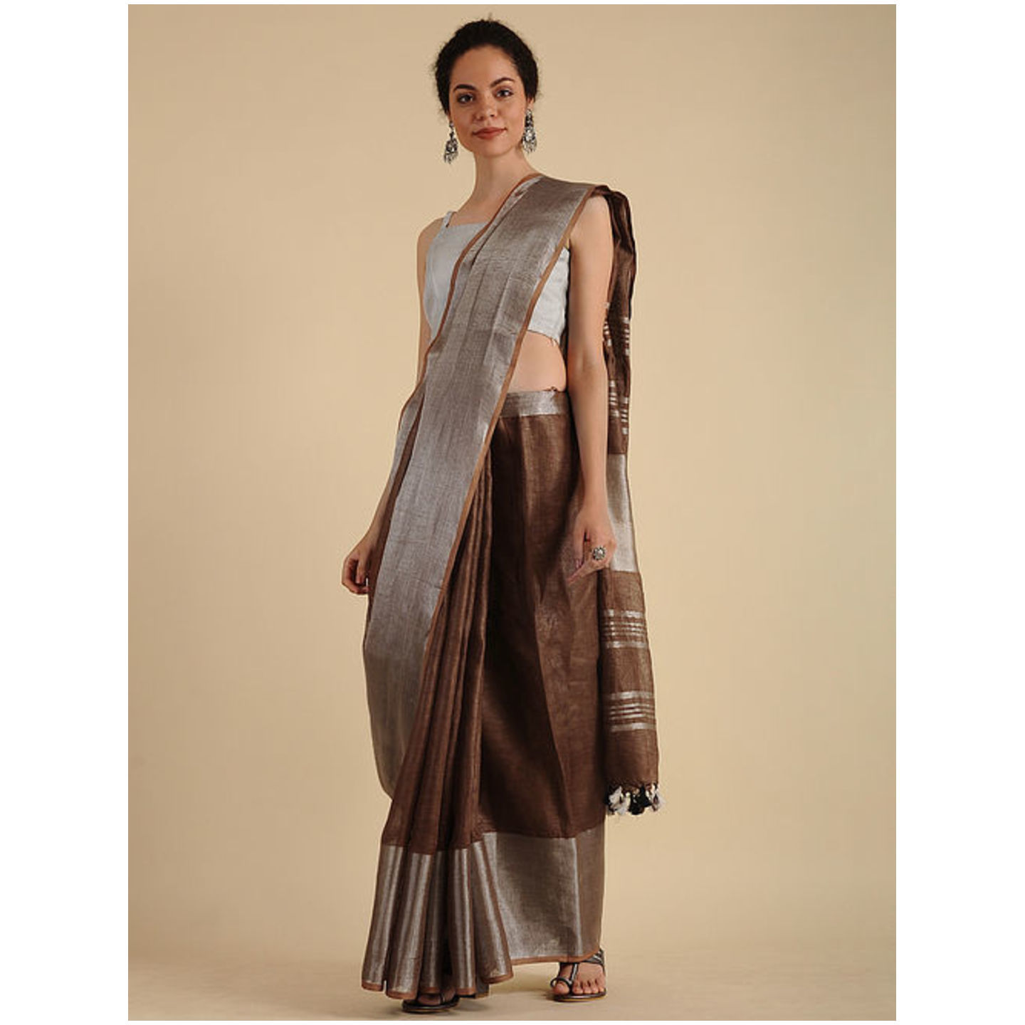 Brown Linen Saree with Zari and Tassels