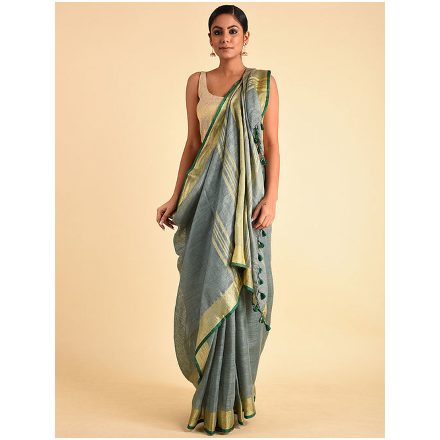Linen Saree with Zari and Tassels