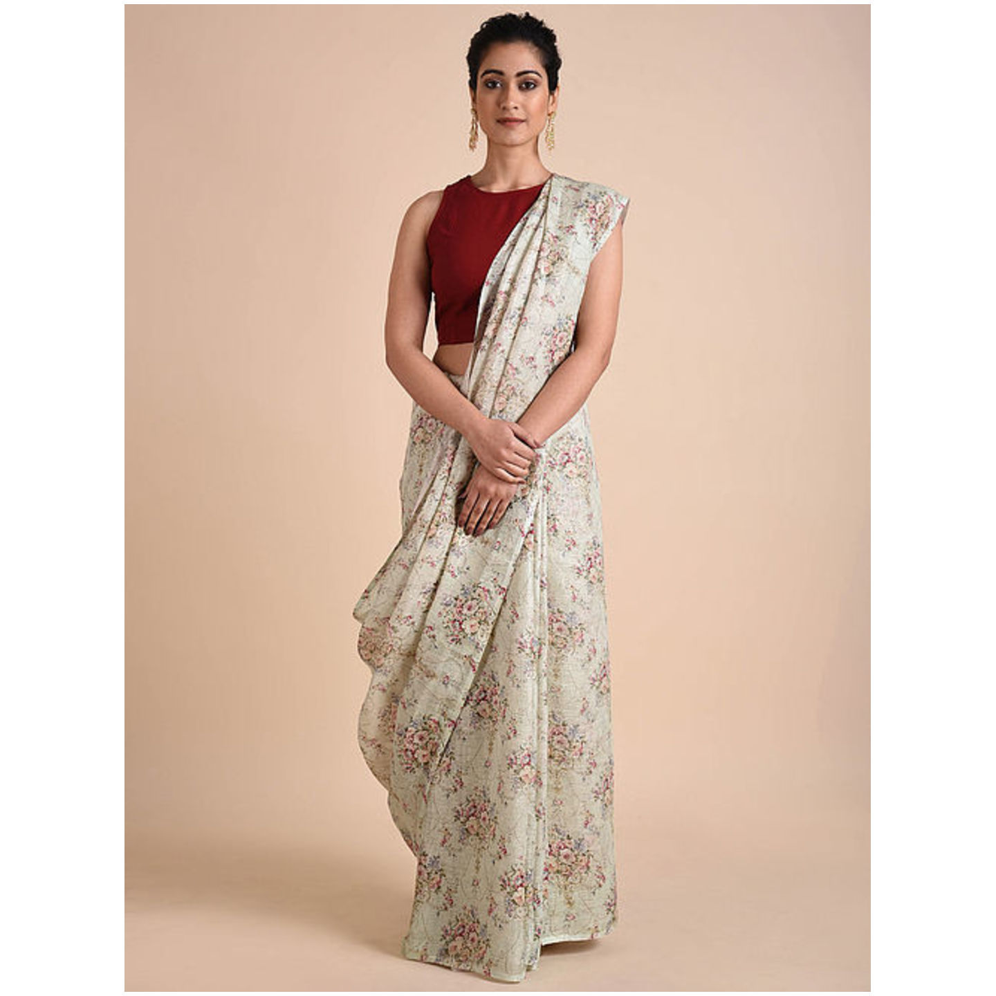 Printed Linen Saree with Zari and Tassels