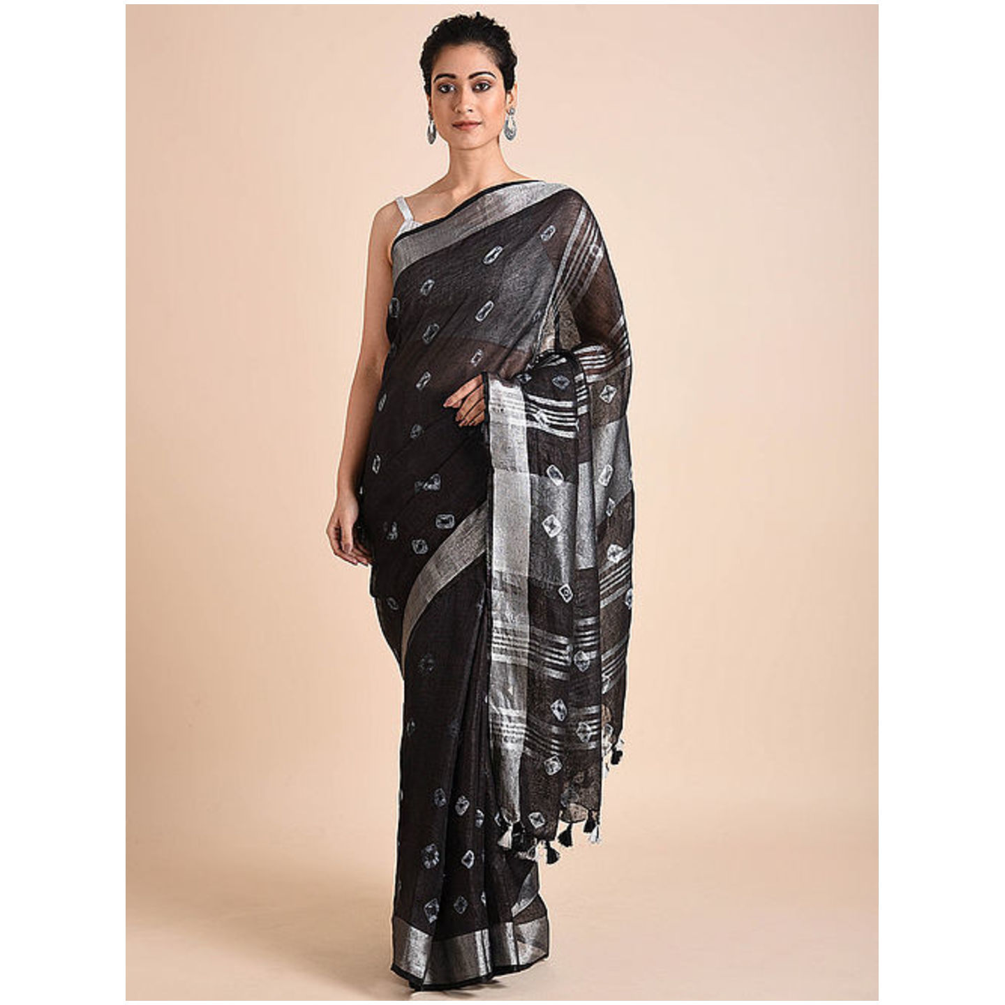 Shibori Printed Linen Saree with Zari and Tassels