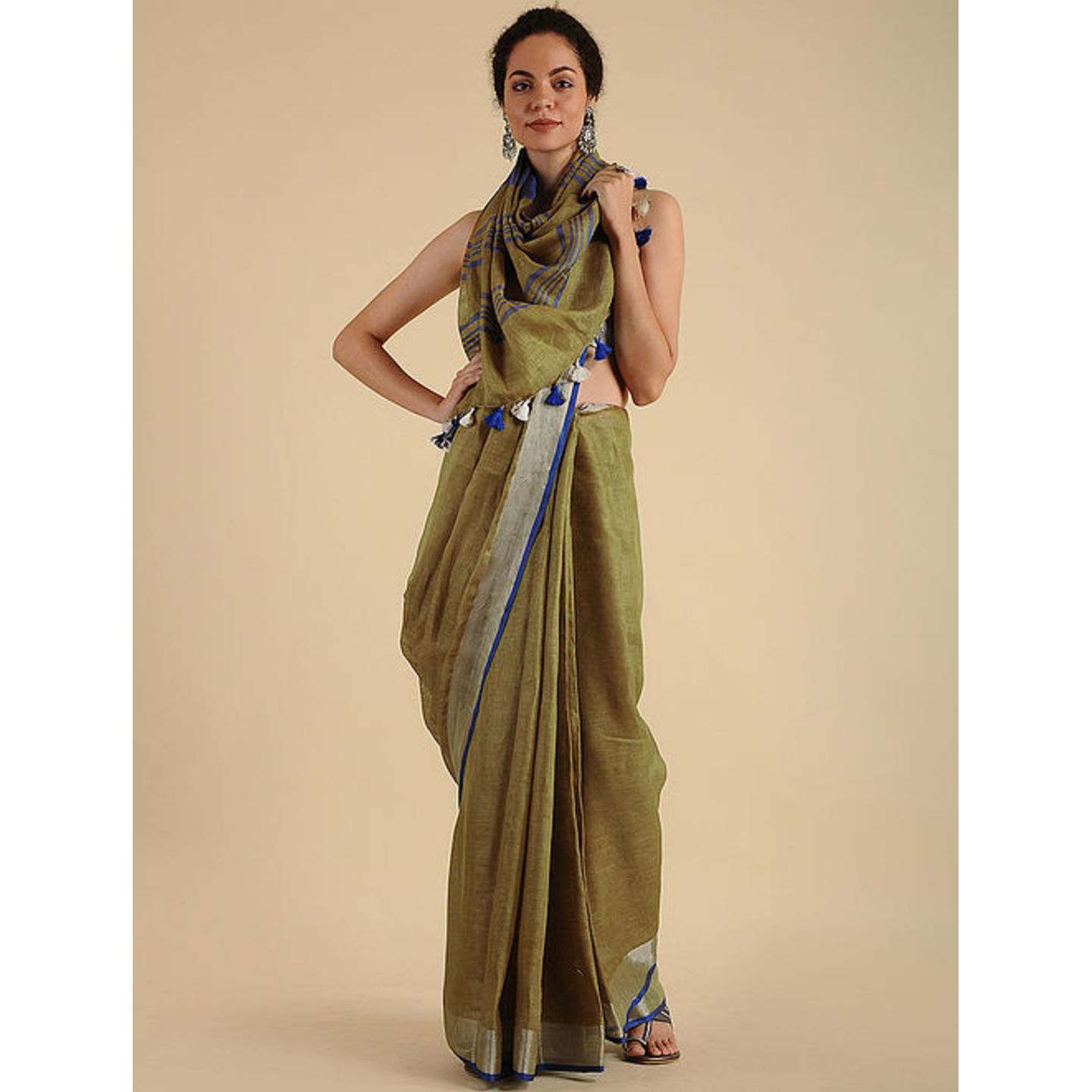 Linen Saree with Zari and Tassels