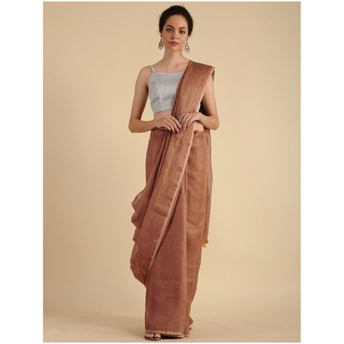 Brown Linen Saree with Zari and Tassels