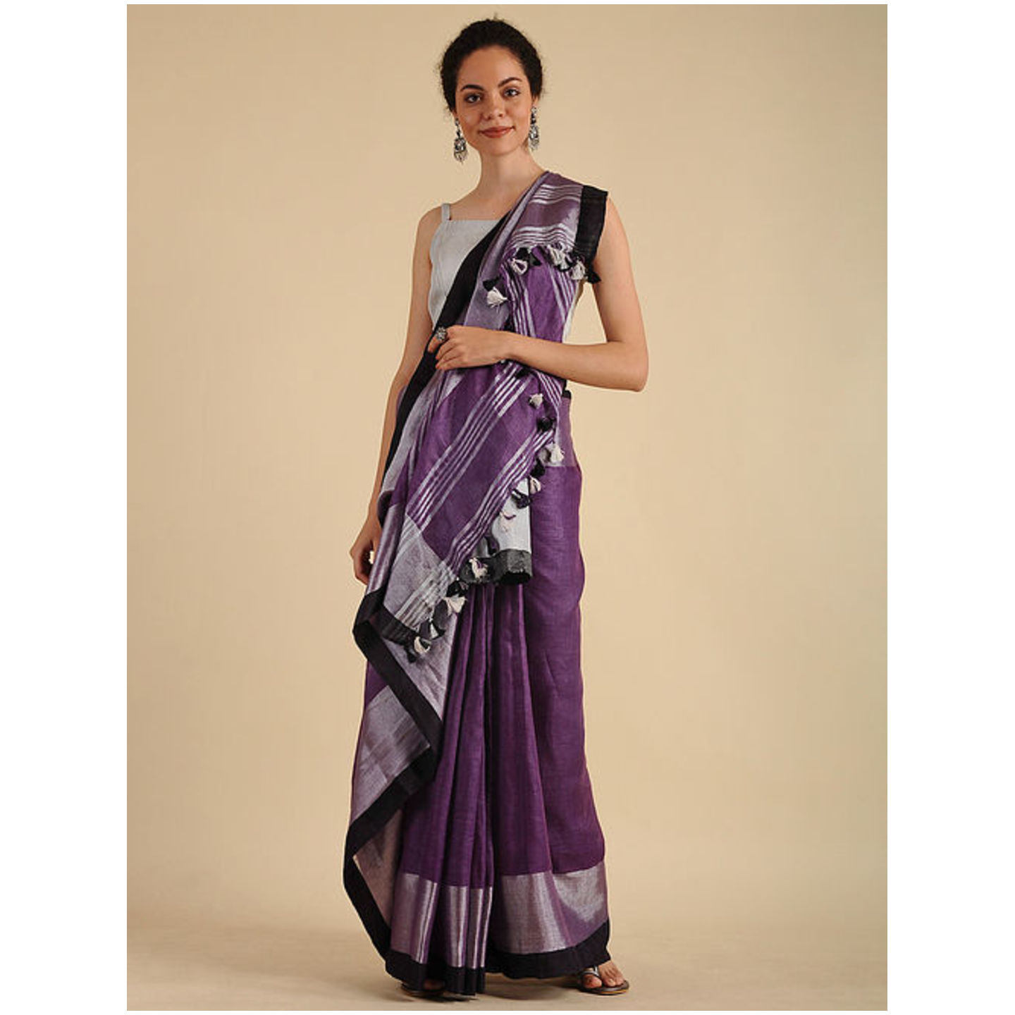 Linen Saree with Zari and Tassels