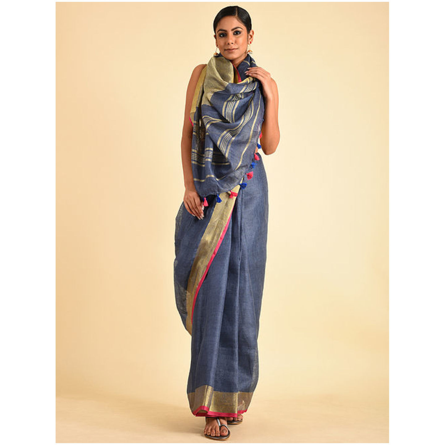 Blue Linen Saree with Zari and Tassels