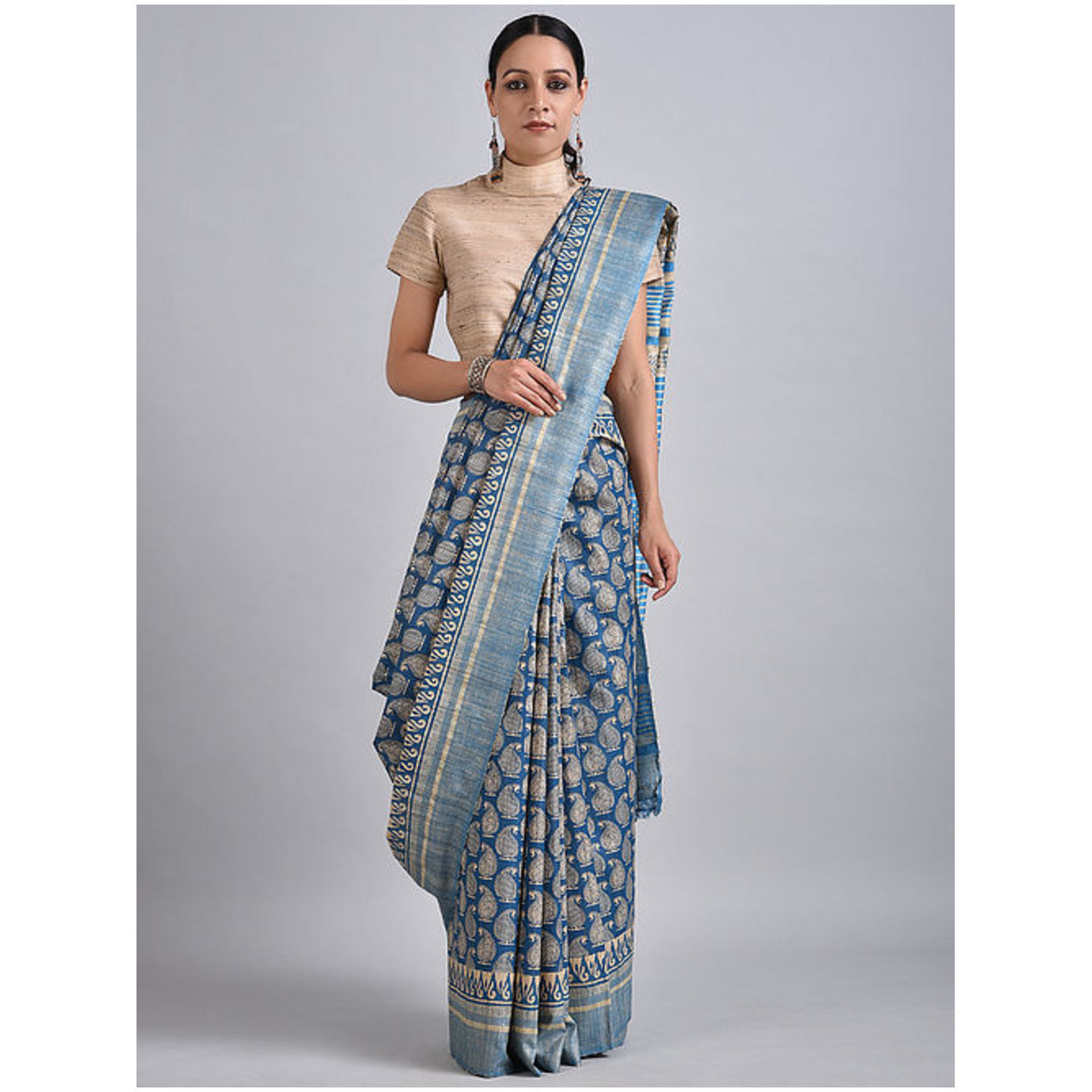 Printed Tussar Muga Silk Saree