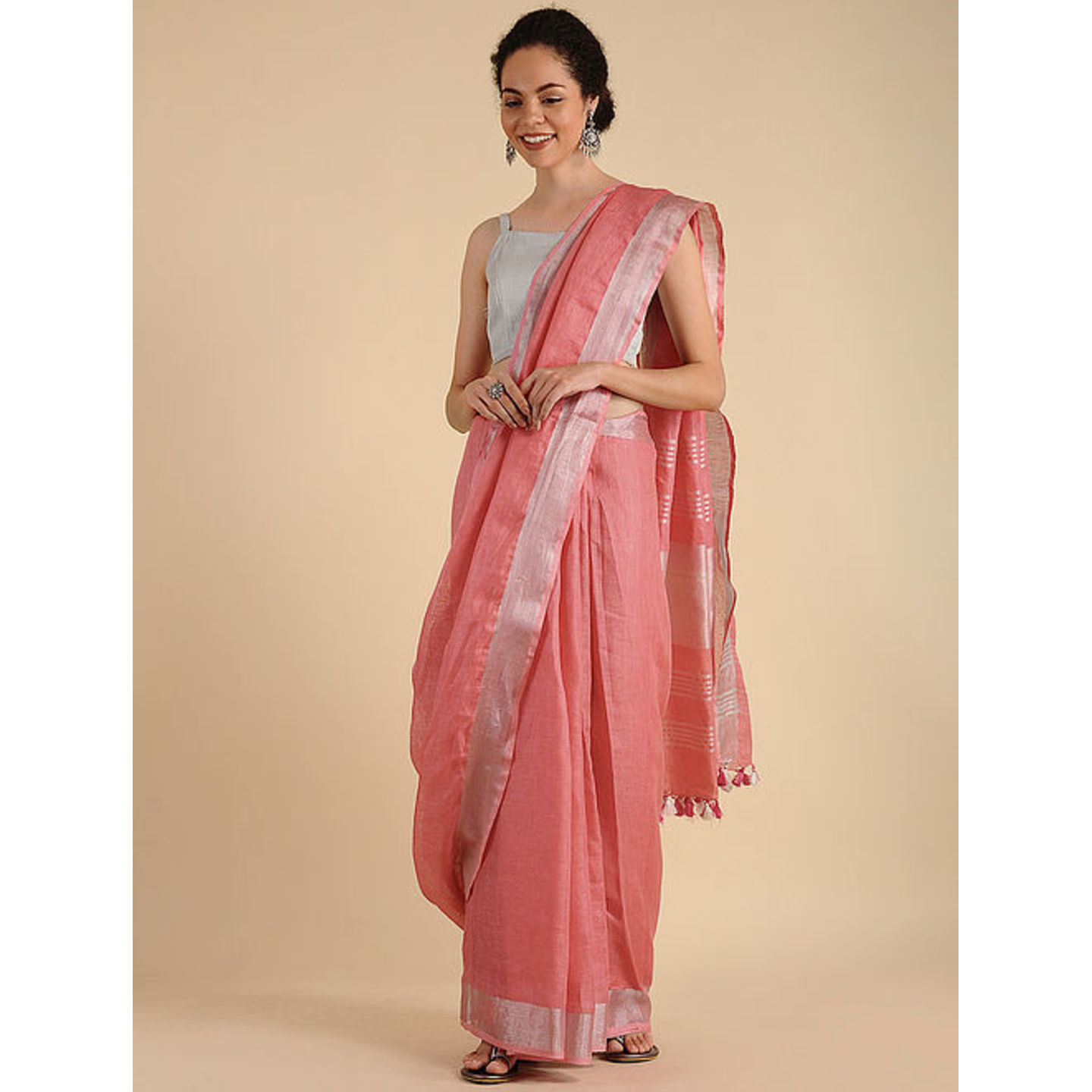 Linen Saree with Zari and Tassels