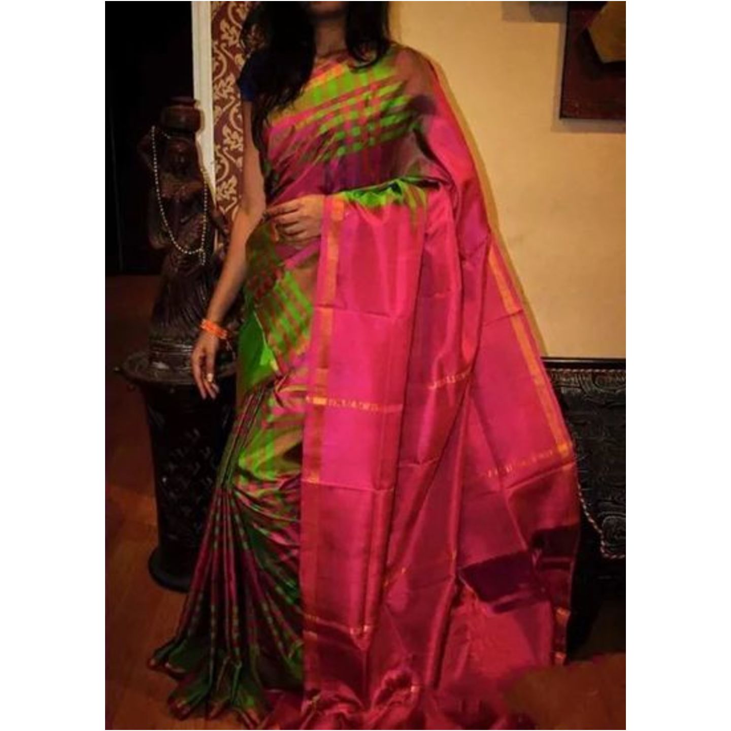 uppada green and pink checks handloom saree