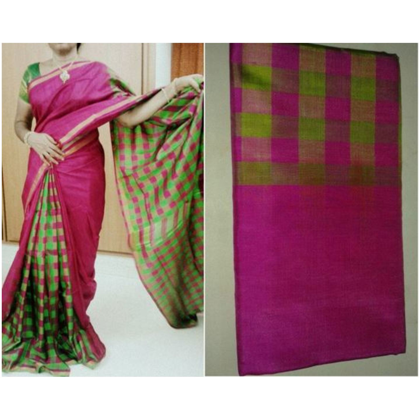 uppada green and pink checks handloom  saree 