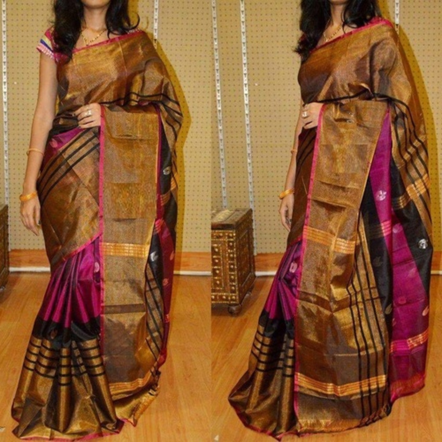 uppada butas pink and black saree