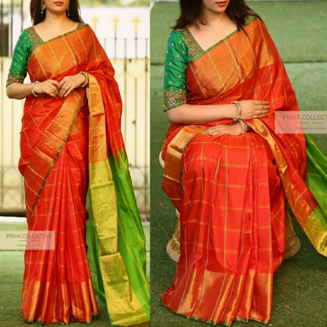 uppada orange checks sarees 