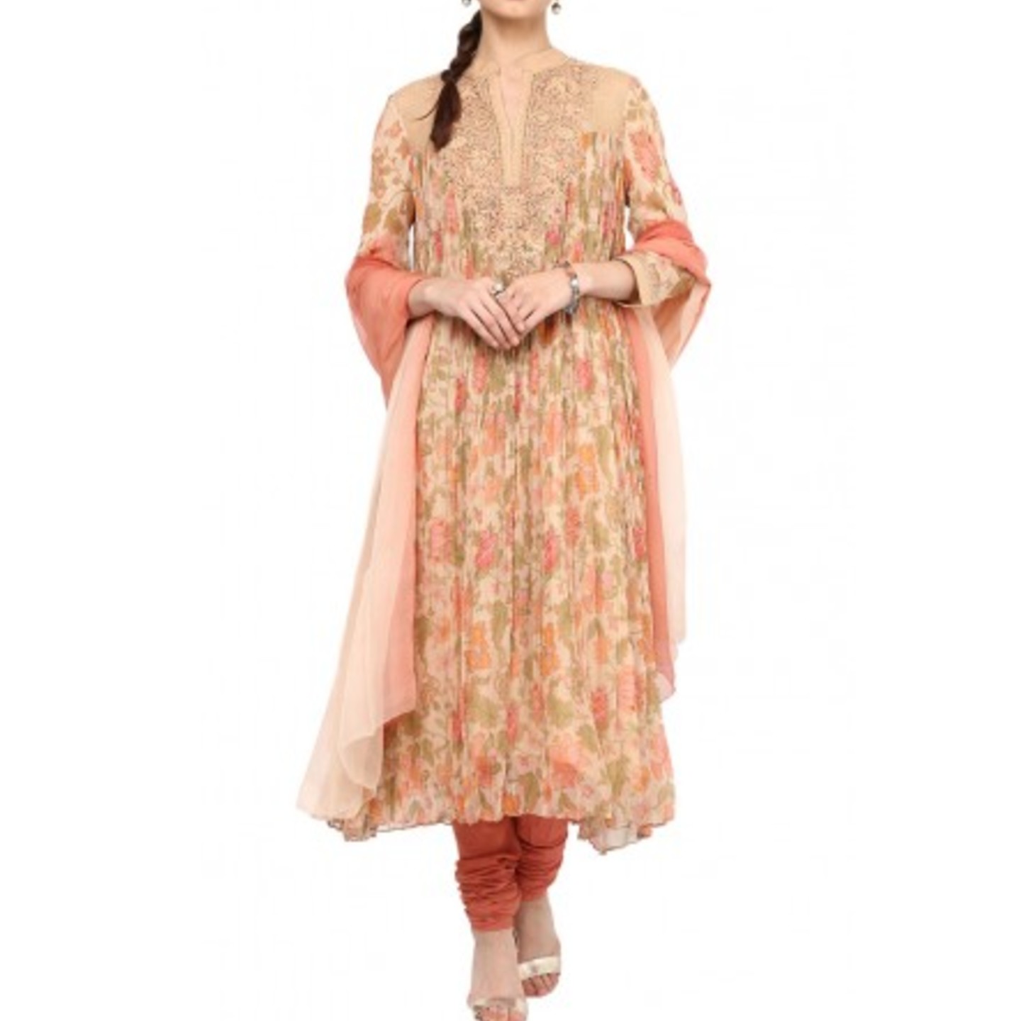 Peach Chanderi Floral Suit