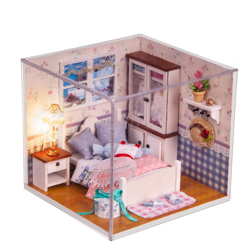 iiecreate M-002 Bedroom DIY Wood Dollhouse Miniature With LED Furniture Cover Doll House