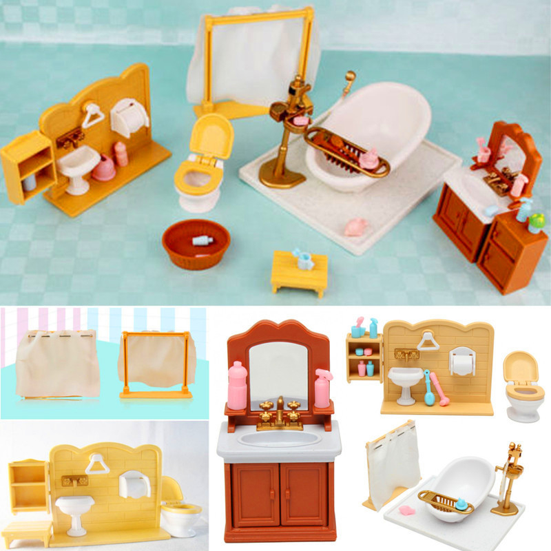 DIY Miniatures Bedroom Bathroom Furniture Sets For Sylvanian Family Dollhouse Accessories Toys Gift