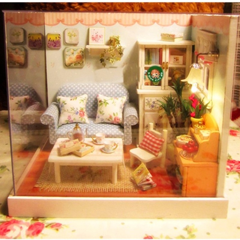 Cuteroom Dollhouse Miniature with Cover Music LED Light