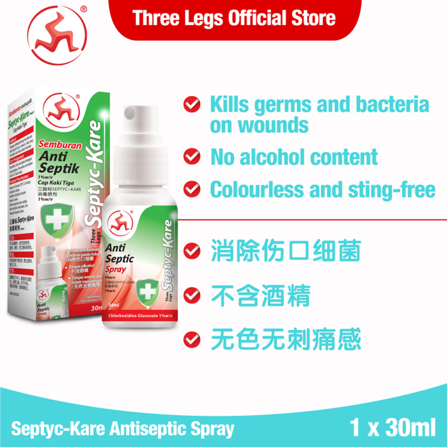 Three Legs Septyc Kare 30ML 三脚标消毒喷剂 - Antiseptic Spray - Kill Germs & Bacteria On Wounds - Alcohol Free - Sting Free -Halal Certified