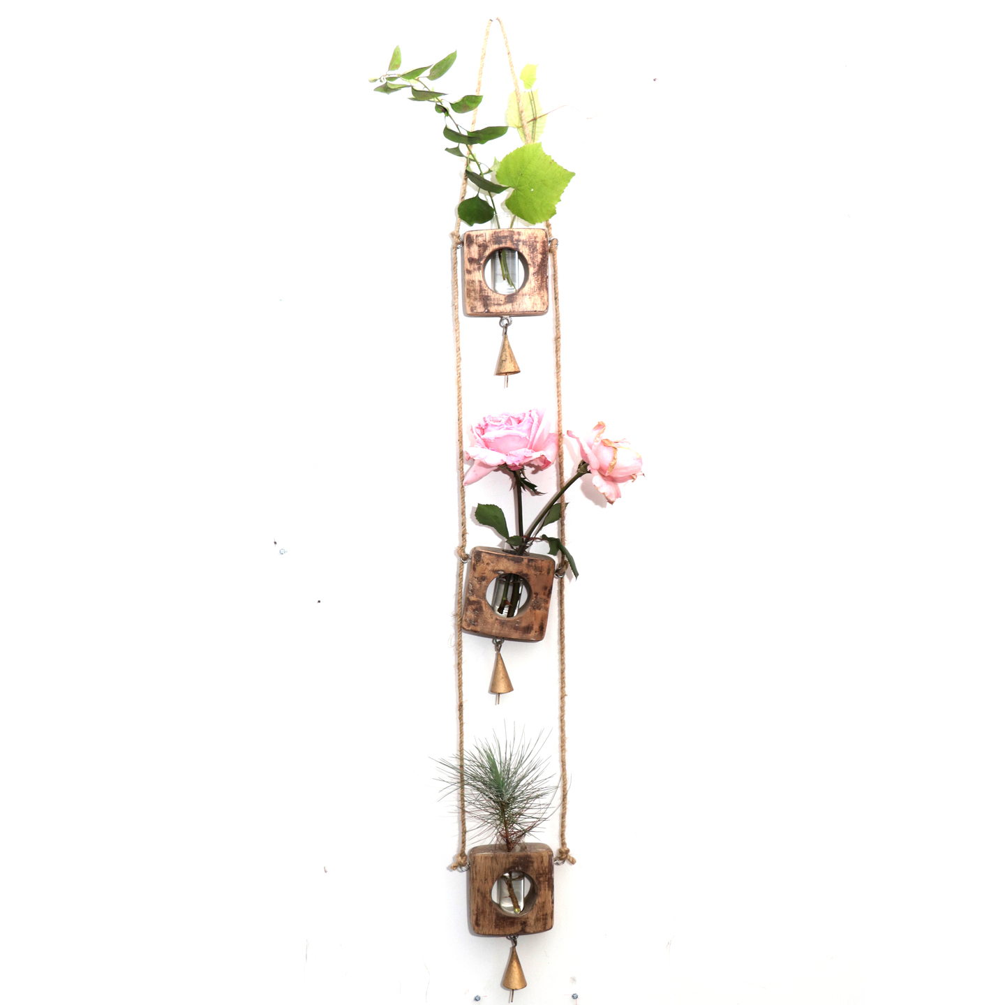 Hanging Wooden Test Tube Planter/Terrarium with Iron Bells & Jute Rope 32.5 Inch … 