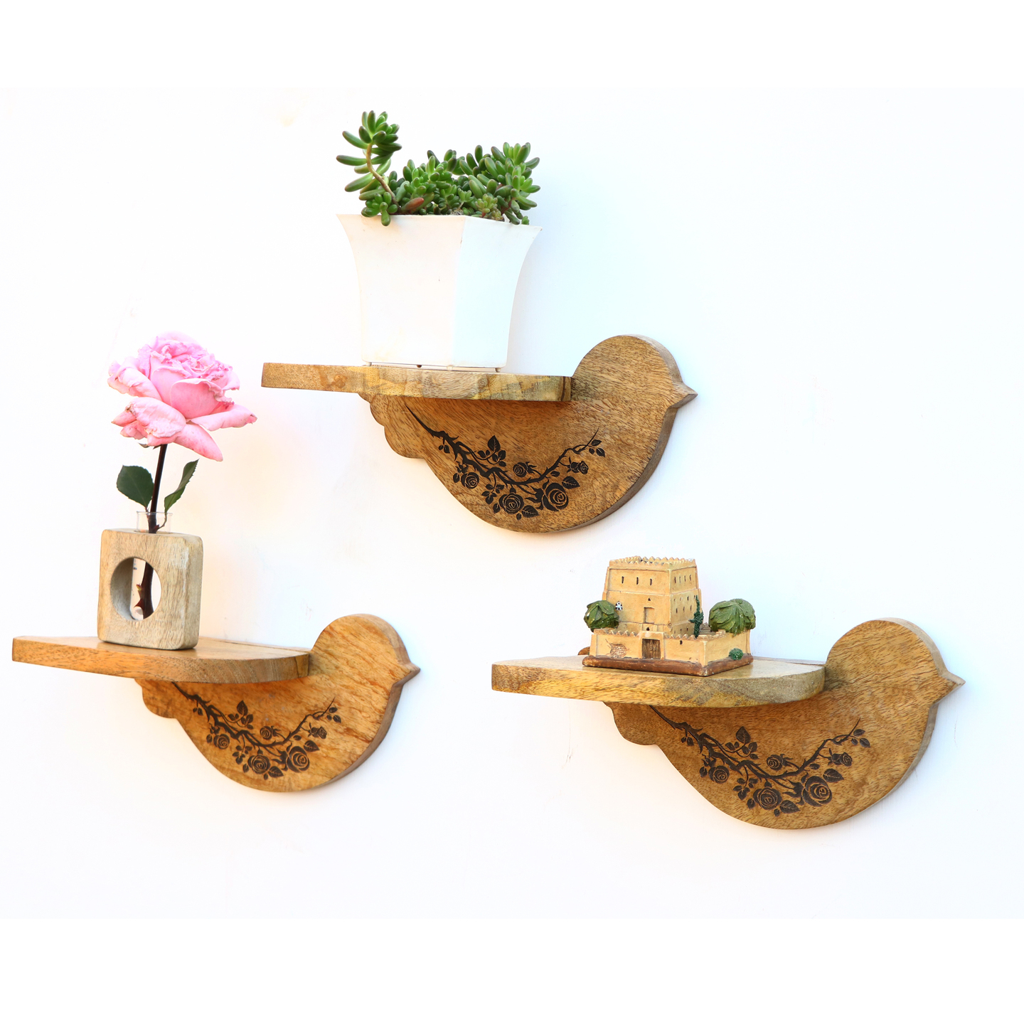 Wooden Sparrow Wall Shelf set of 3 With Laser Embriodery
