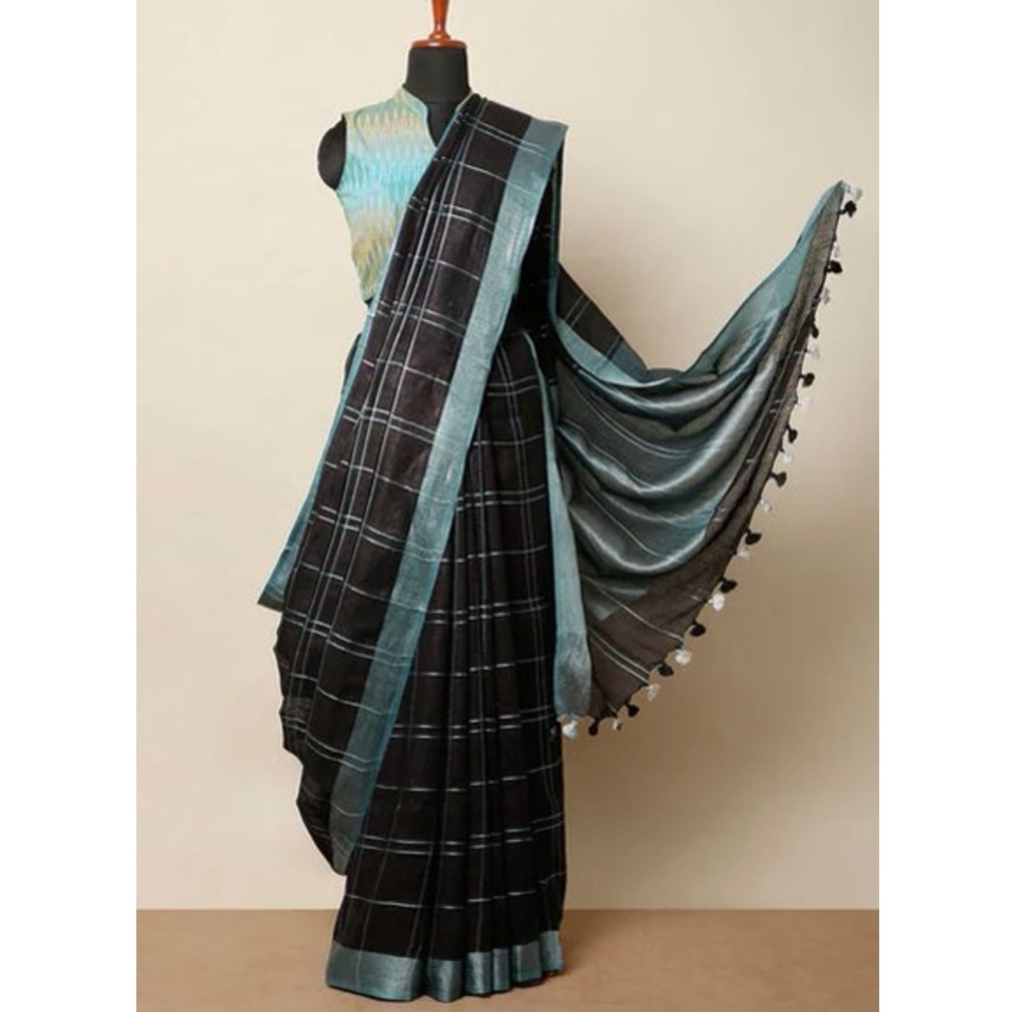 Black Linen Saree with Silver Zari Checked