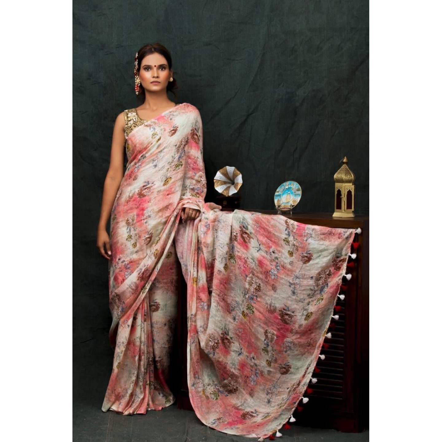 Red White Floral Digital Print Linen Saree with Blouse Piece