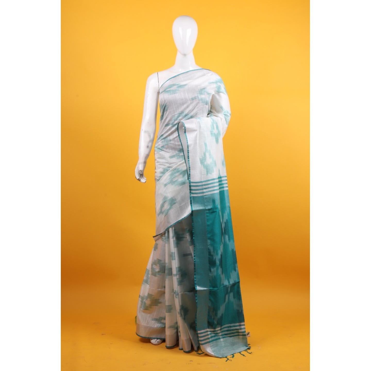 Art Linen Handloom Rama-White Ikkat Saree