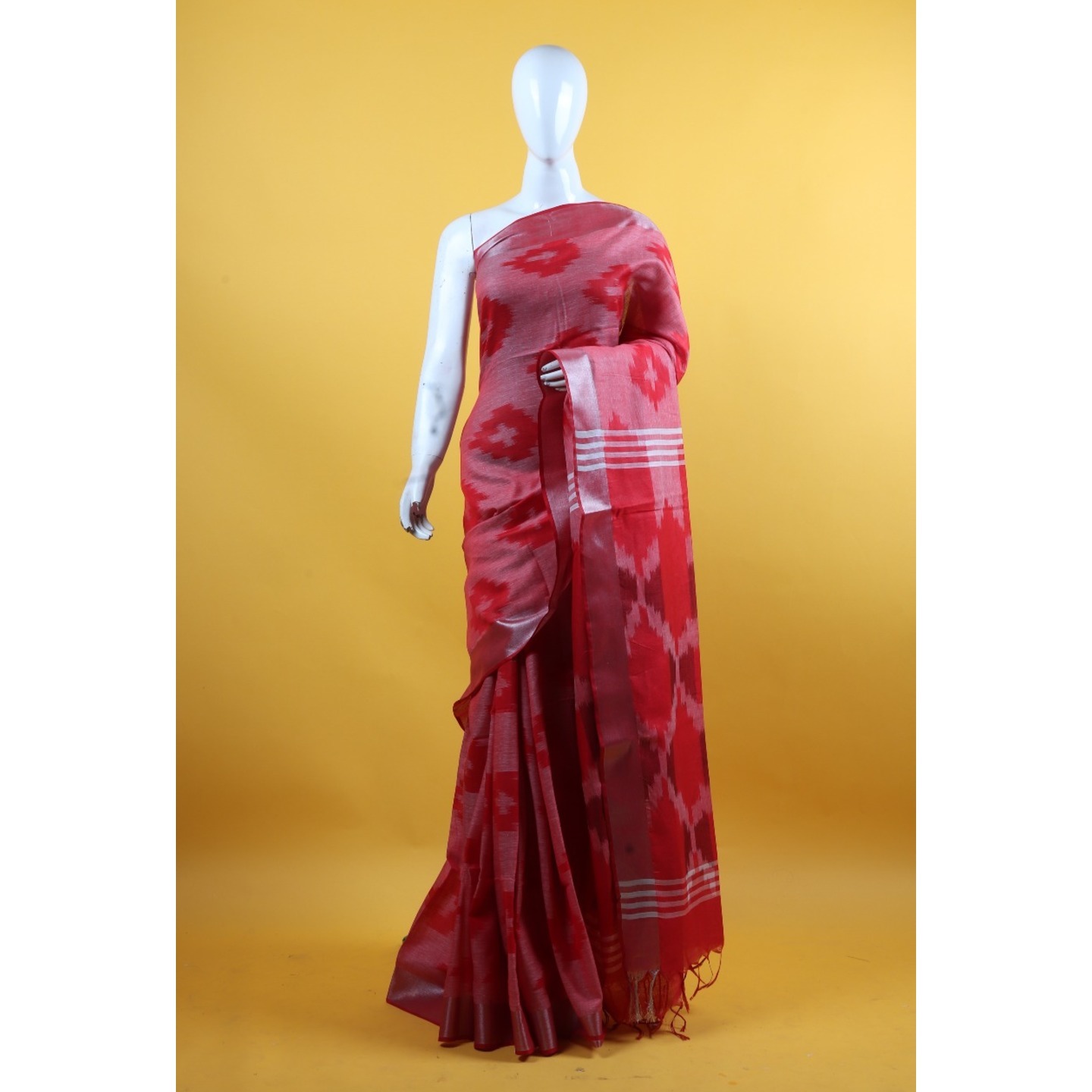 Handwoven Art Linen Red Ikkat Saree