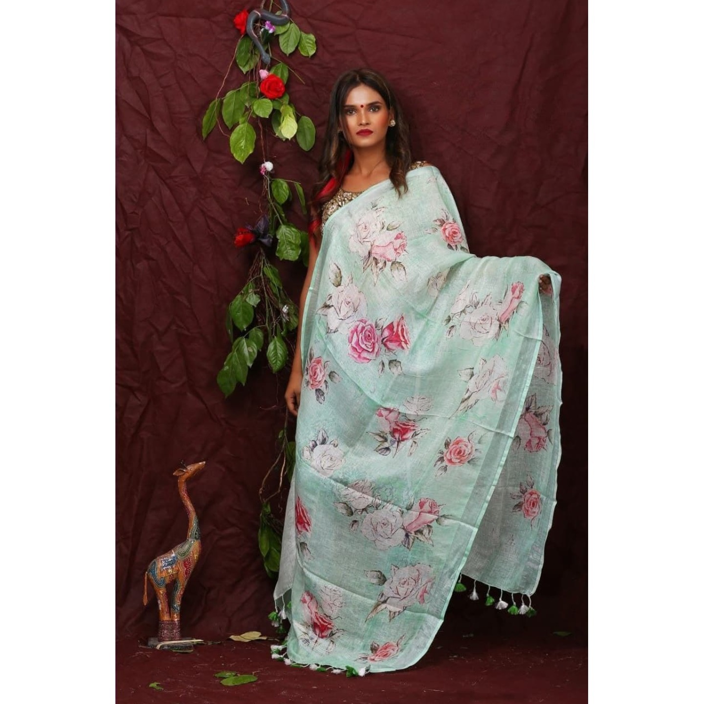 Light Cyan Floral Digital Linen Dupatta