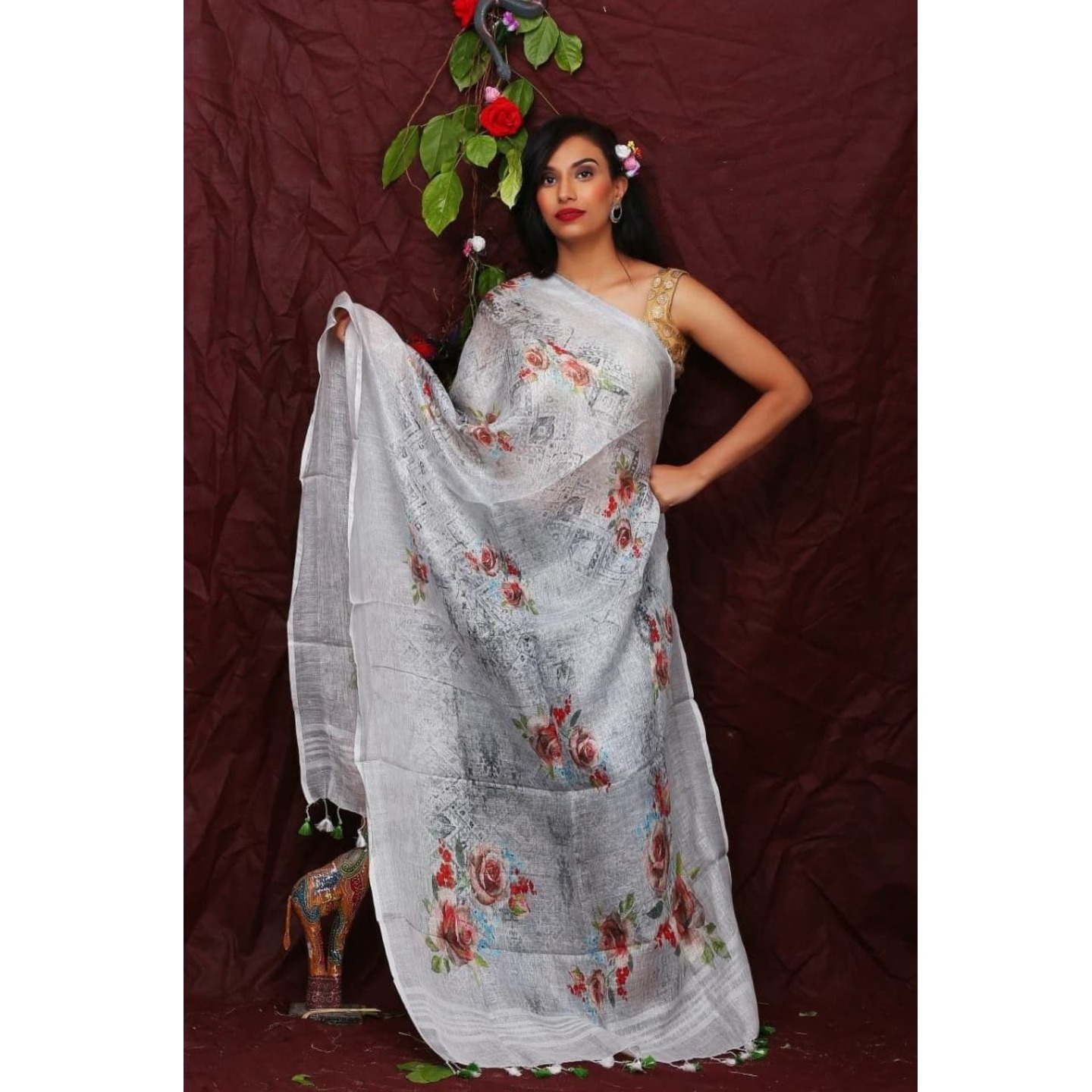 Cloudy Gray Floral Digital Print Linen Dupatta