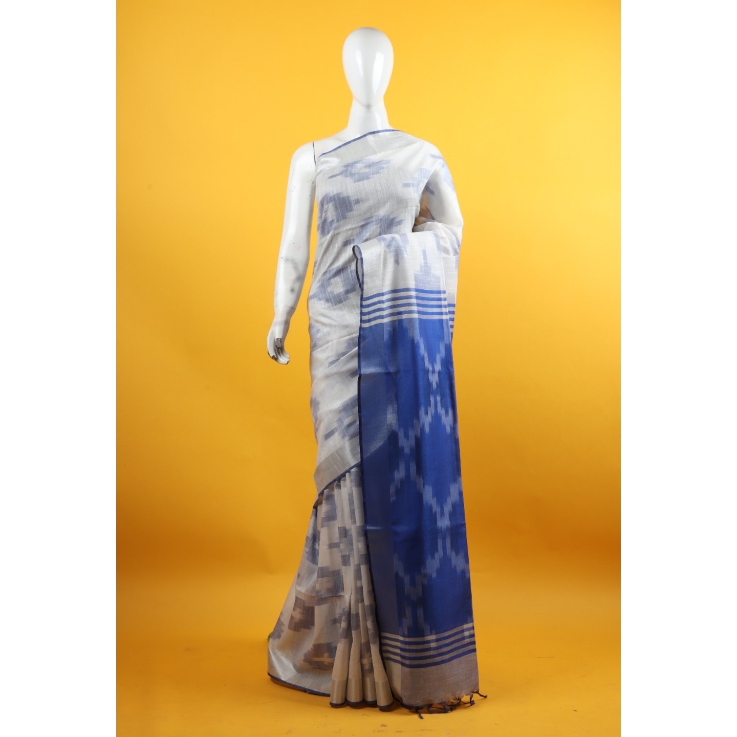 Art Linen Handloom Blue-White Ikkat Saree