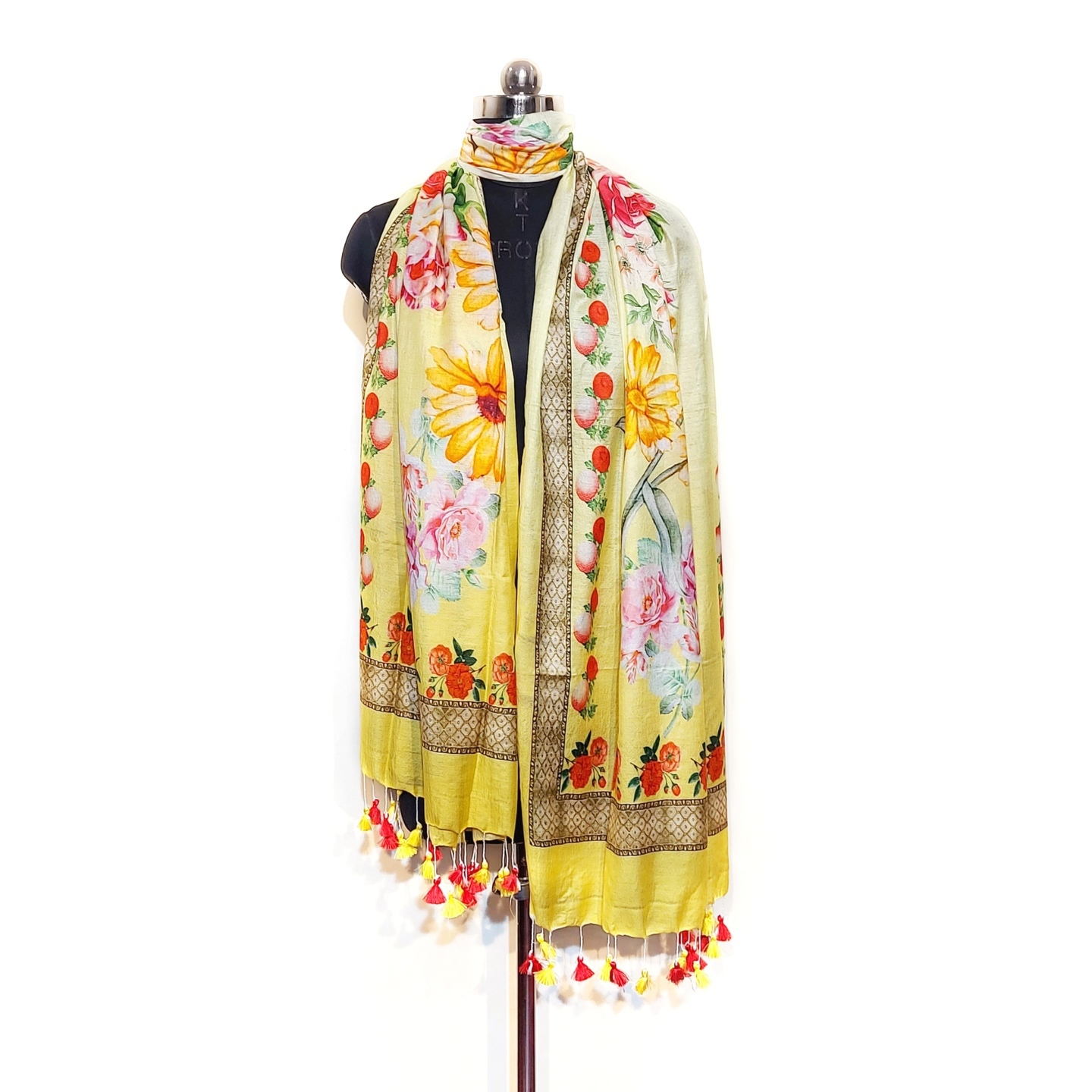 Yellow shade floral digital print semi silk Dupatta