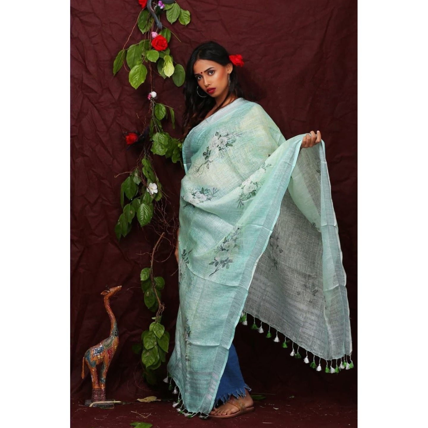 Light Cyan Floral Digital Linen Dupatta