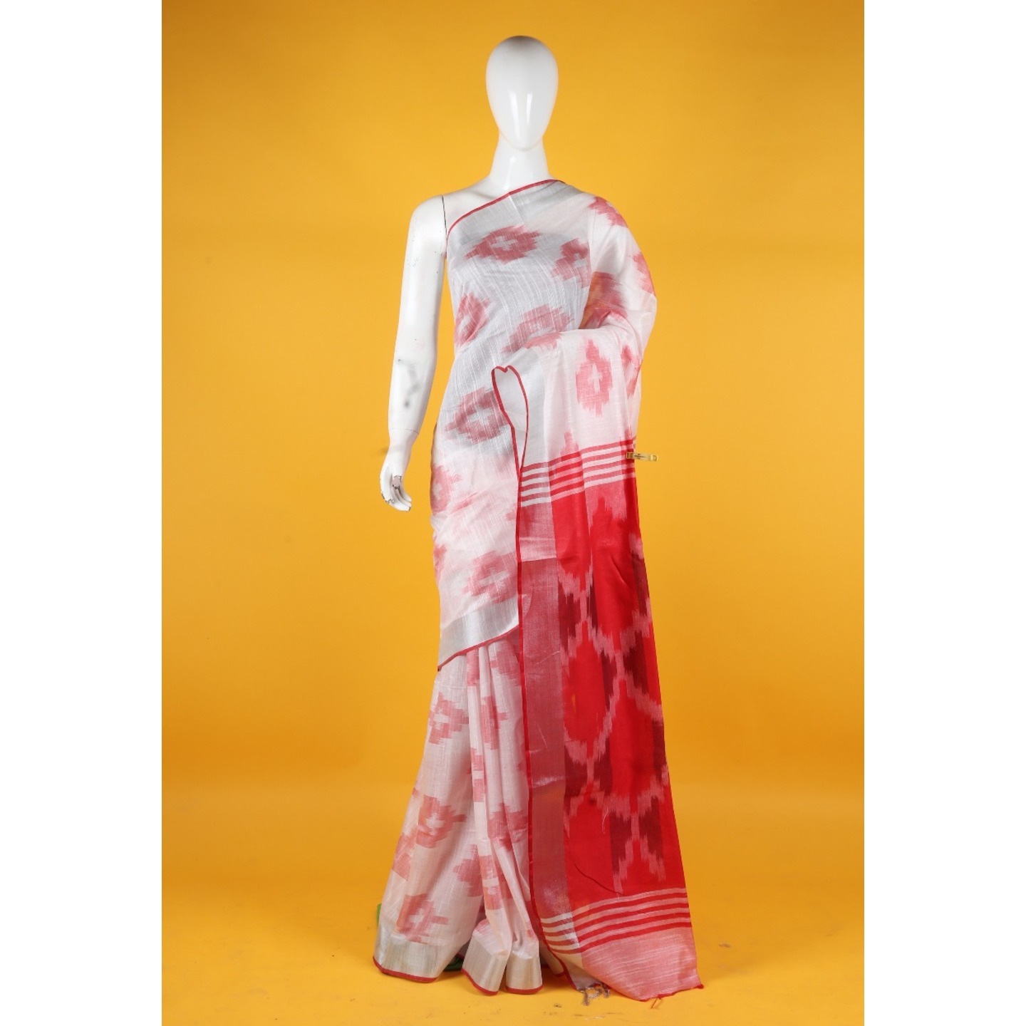 Handwoven Art Linen Ikkat Saree with Red Pallu