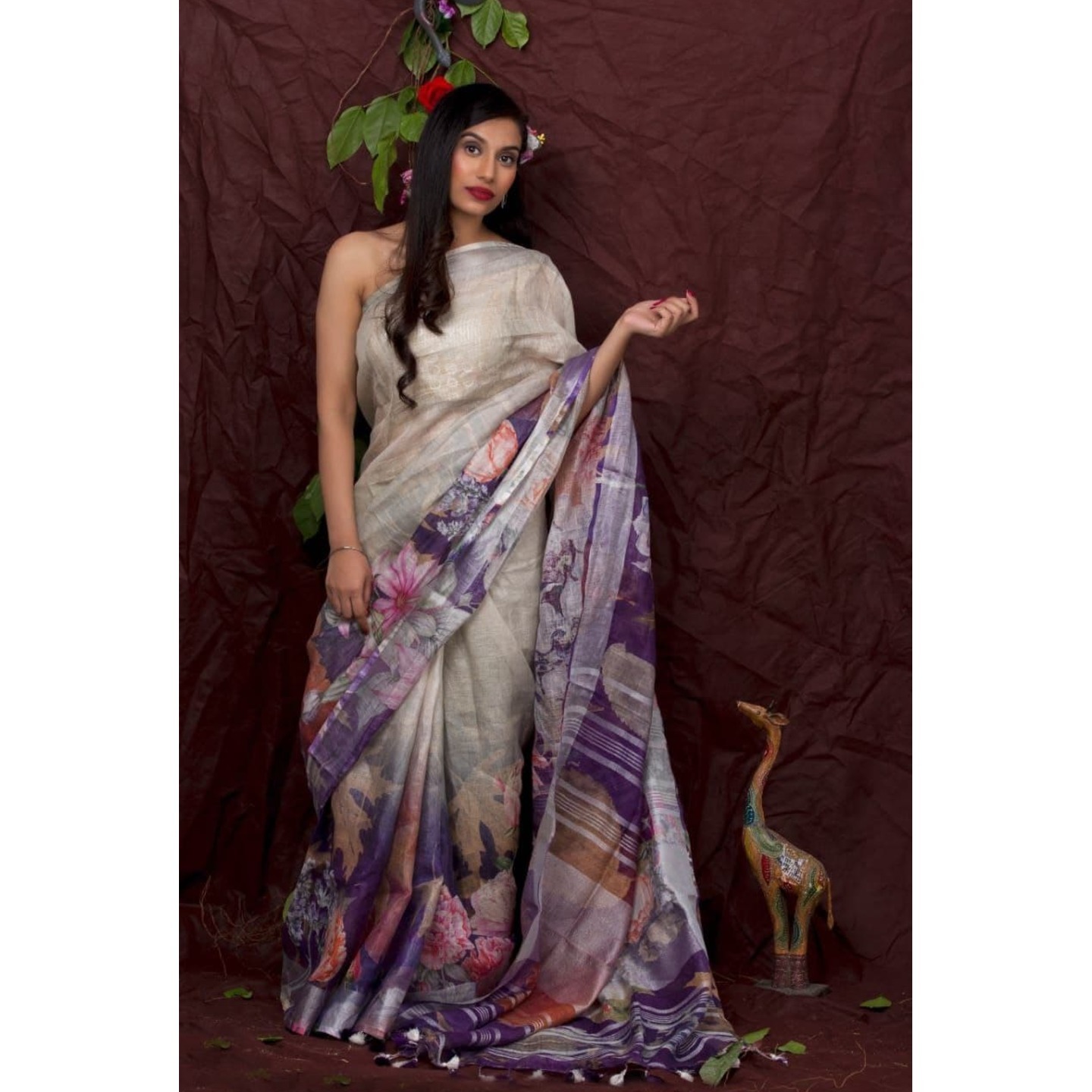 Multicolor Floral Digital Print Linen Saree with Running Blouse
