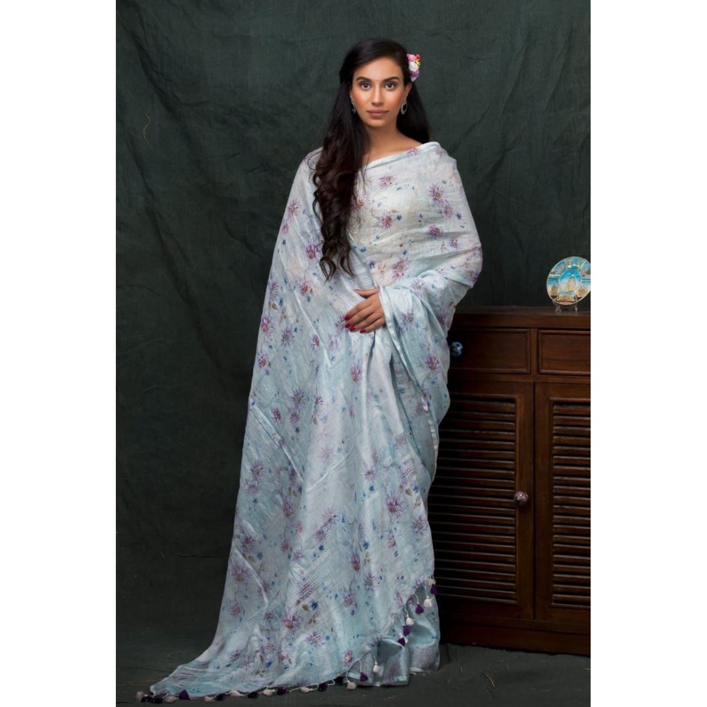 Light Sky Blue Floral Digital Linen Saree