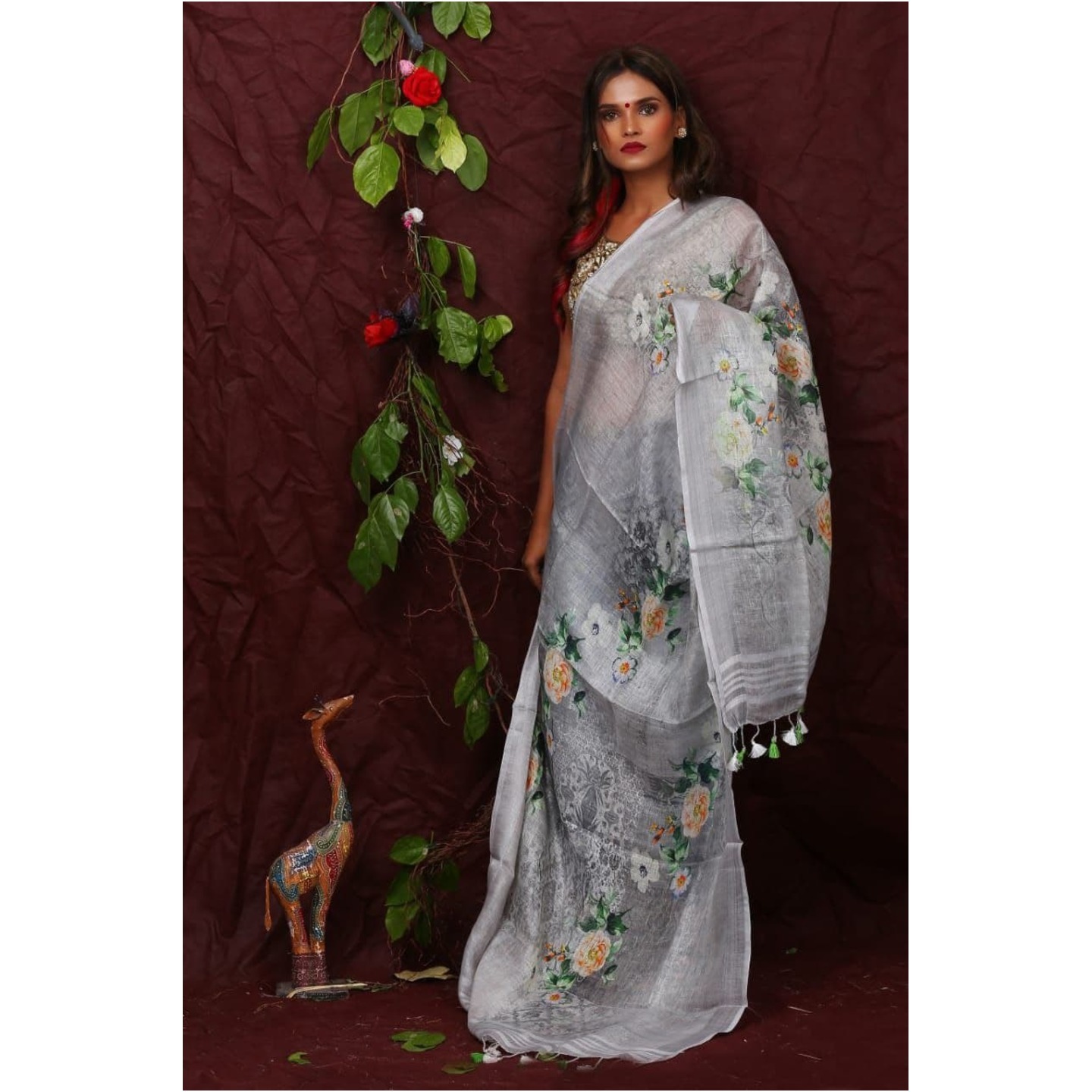 Gray Floral Digital Print Linen Dupatta 