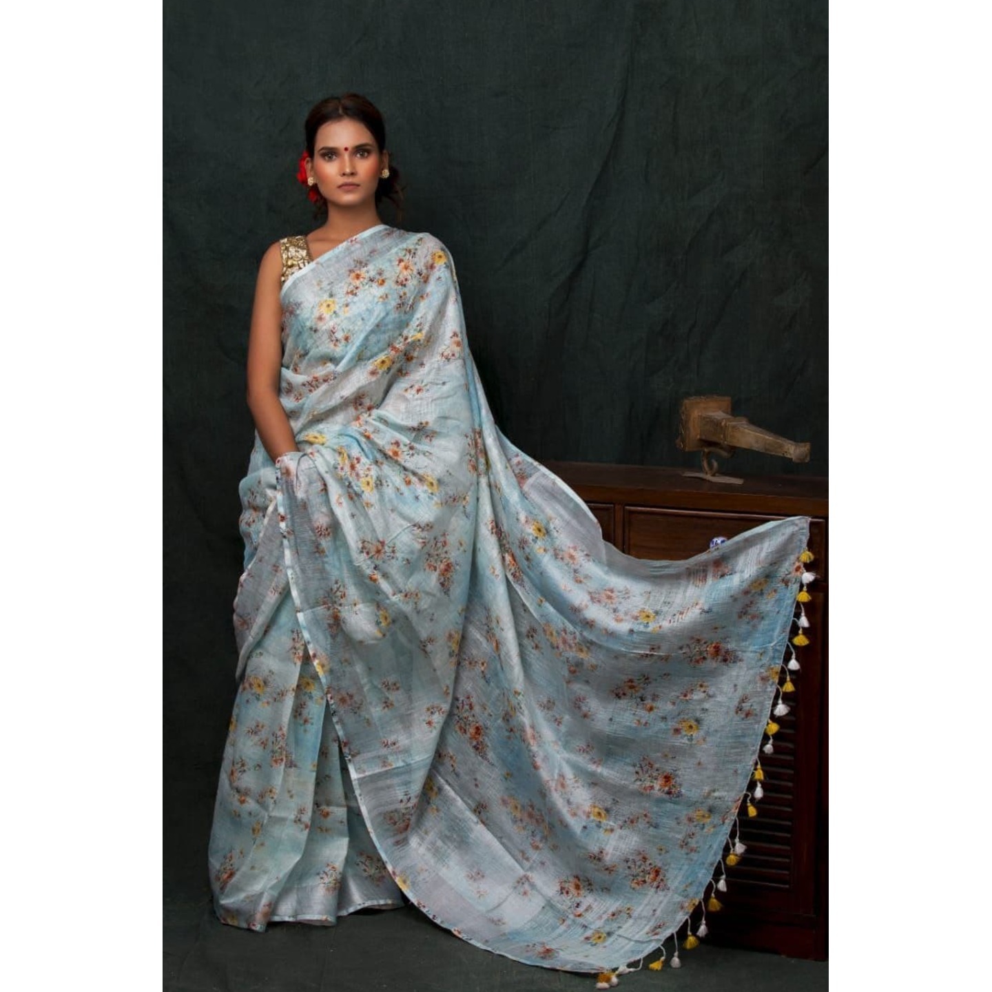 Light Sky Blue Floral Digital Print Linen Saree with Running Blouse