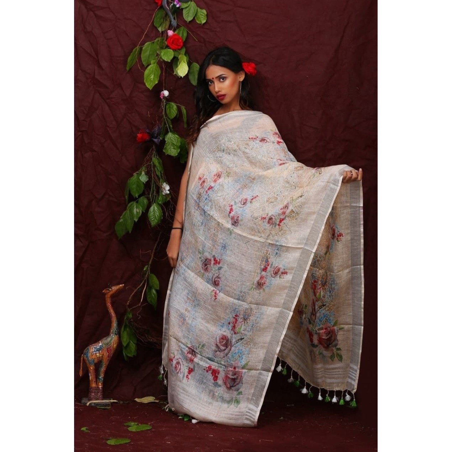 Antique White Floral Digital Print Linen Dupatta