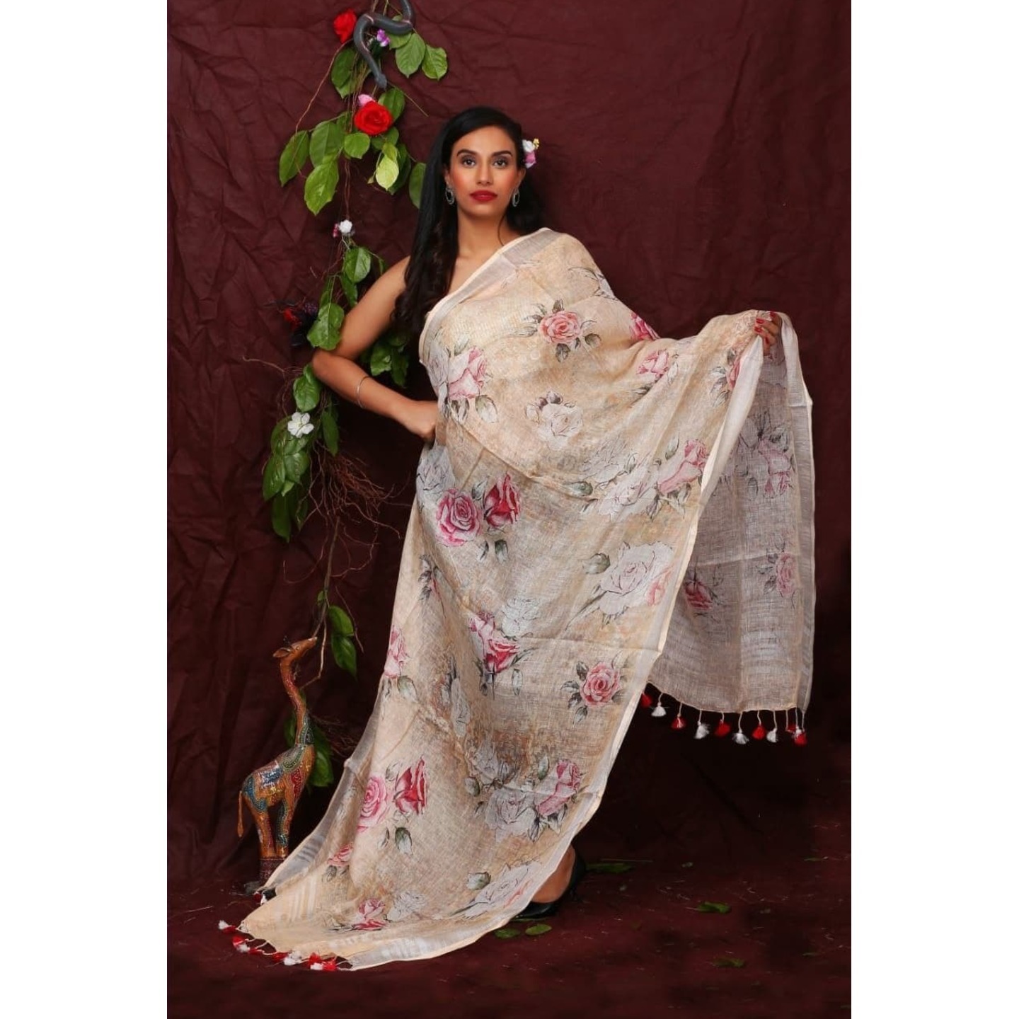 Bisque Shade Floral Digital Print Linen Dupatta