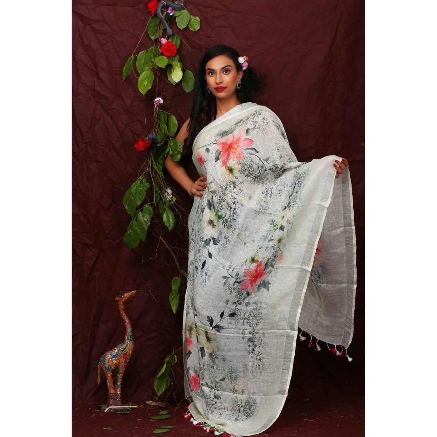 Mint Cream Floral Digital Print Linen Dupatta 