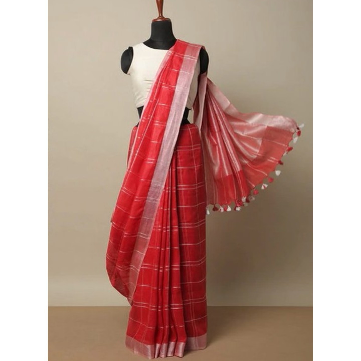 Orange Linen Saree with Silver Zari Checked