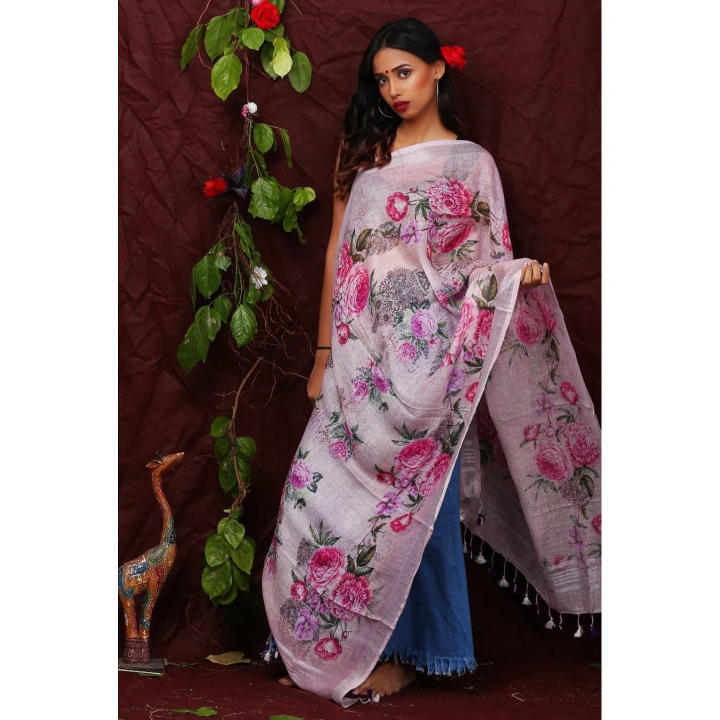 Light Pink Floral Digital Linen Dupatta with tassels