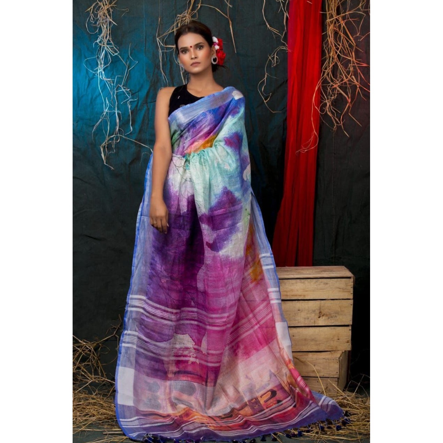 Multicolor Floral Digital Print Linen Saree with Running Blouse Piece