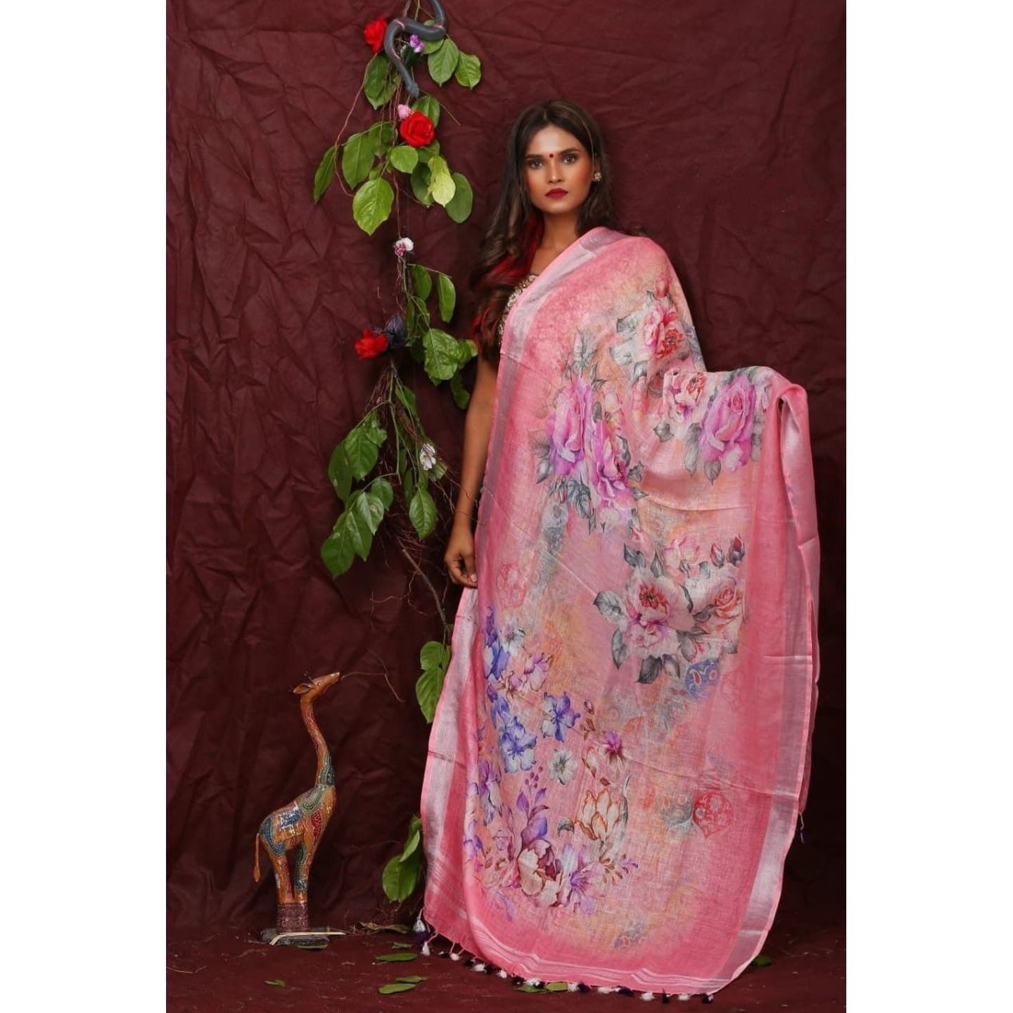 Light Pink Floral Digital Print Linen Dupatta